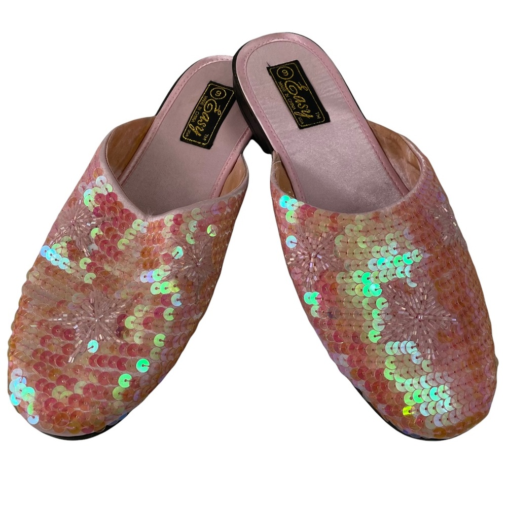 Vintage Dead-stock Easy USA Sequin Beaded Mule Slides NWOB Size 9 Stars Slip-On
